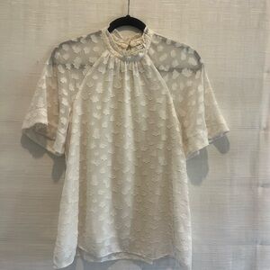 Anthropologie Cream Ruffle-Neck Textured Blouse